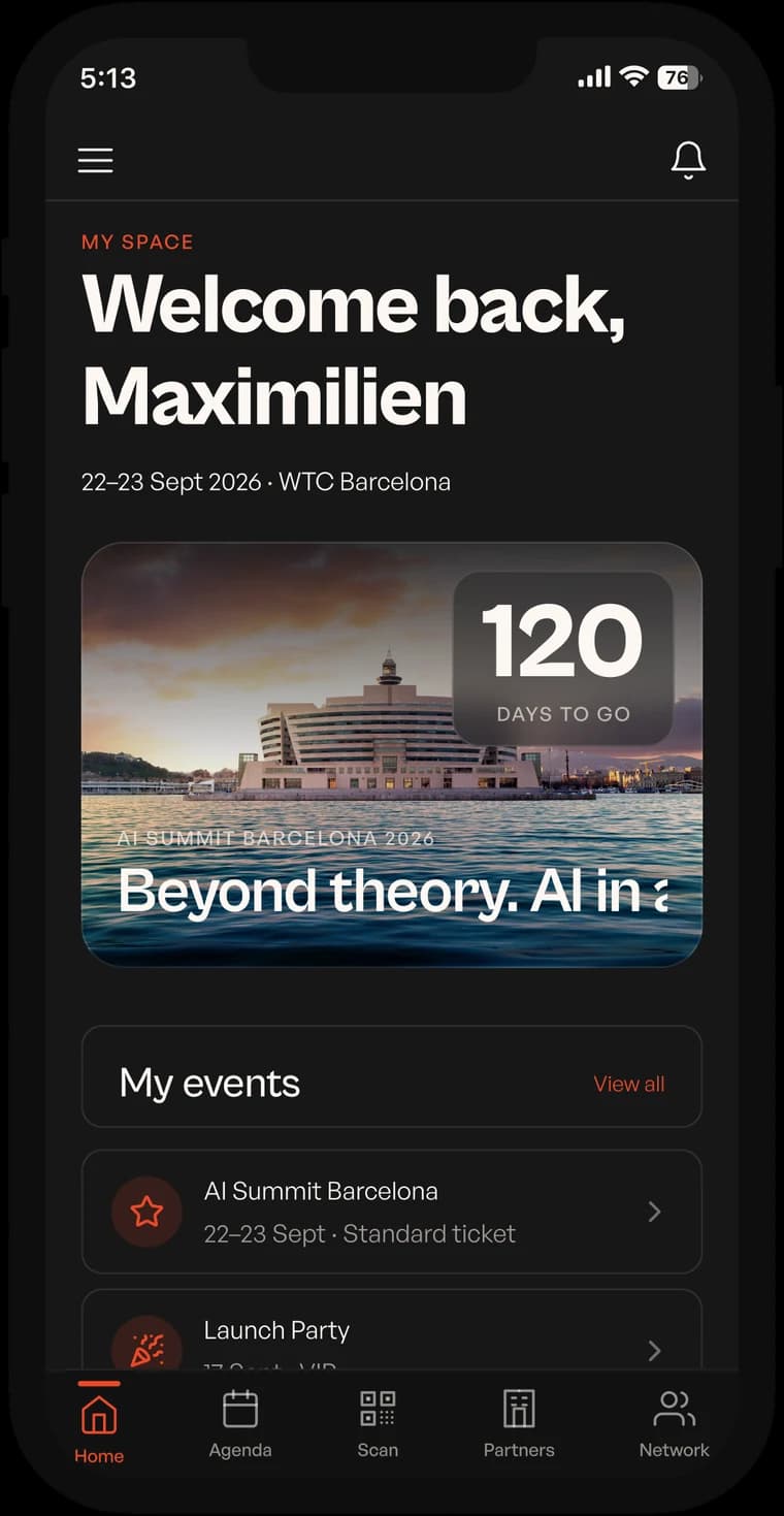 The AISB 26 app home screen: a personal welcome, the countdown to the summit and the tickets held by the attendee.