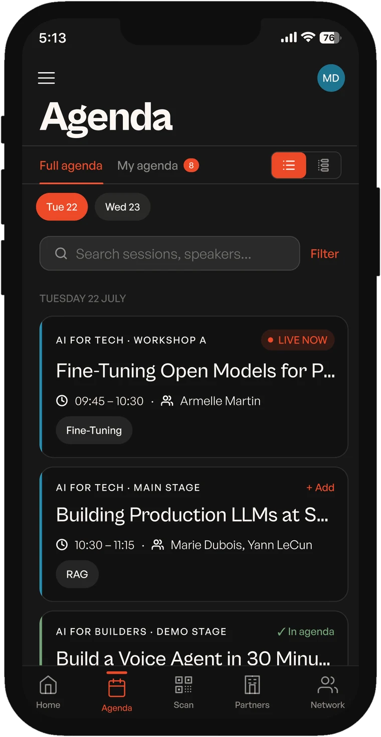 The AISB 26 app showing the full agenda for one day, with sessions that can be added to a personal agenda.