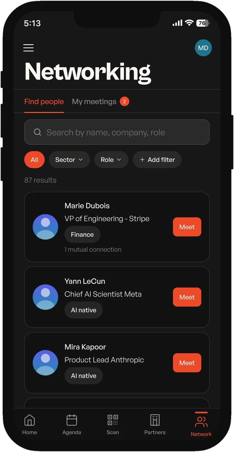 The AISB 26 app showing the attendee directory, with filters by sector and role and a button to request a meeting.