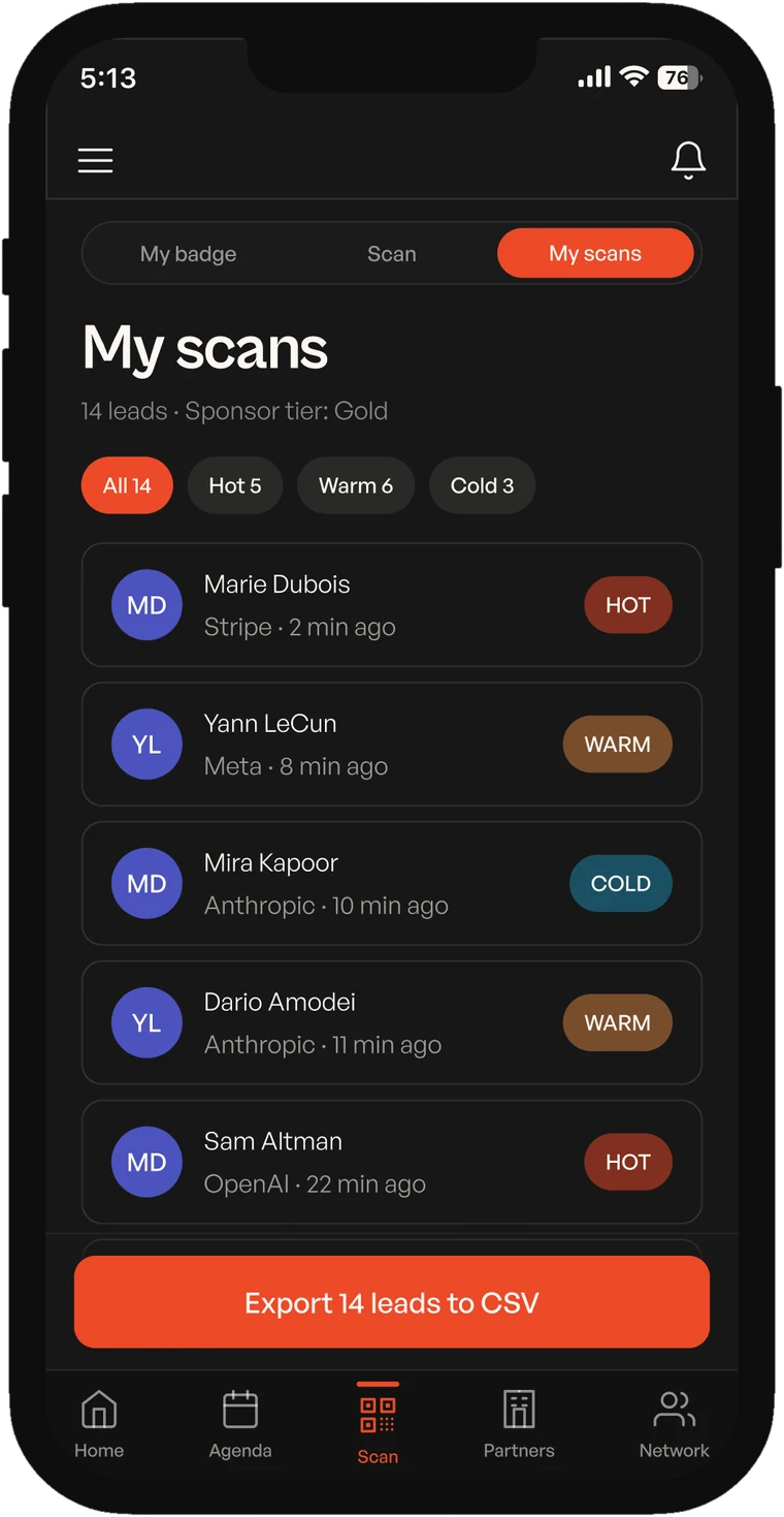 The AISB 26 app showing scanned leads qualified as hot, warm or cold, with an export button.