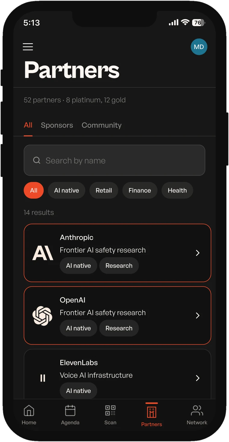 The AISB 26 app showing the list of sponsors and partners, filtered by sector.