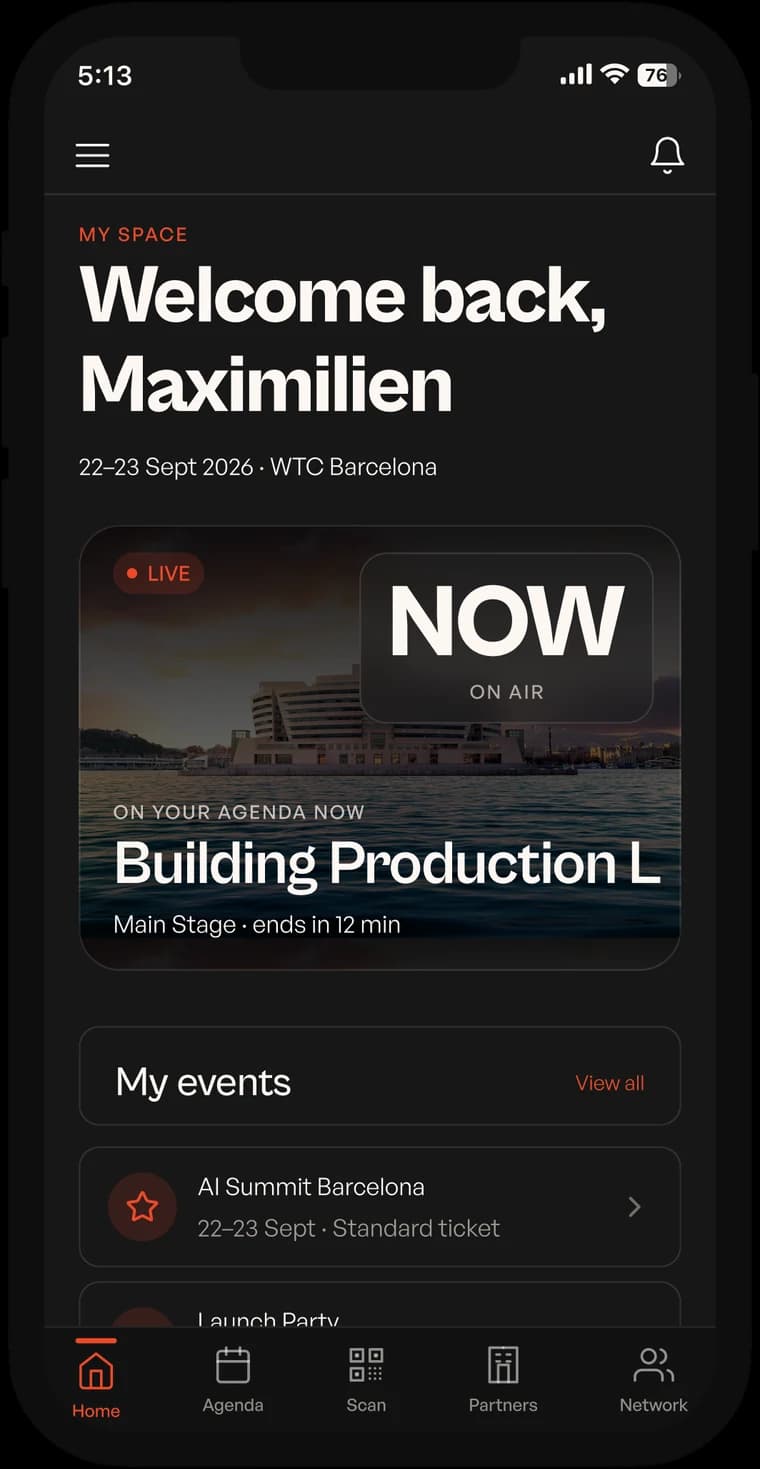 The AISB 26 app home screen during the summit, showing the session on air and what is on the agenda now.