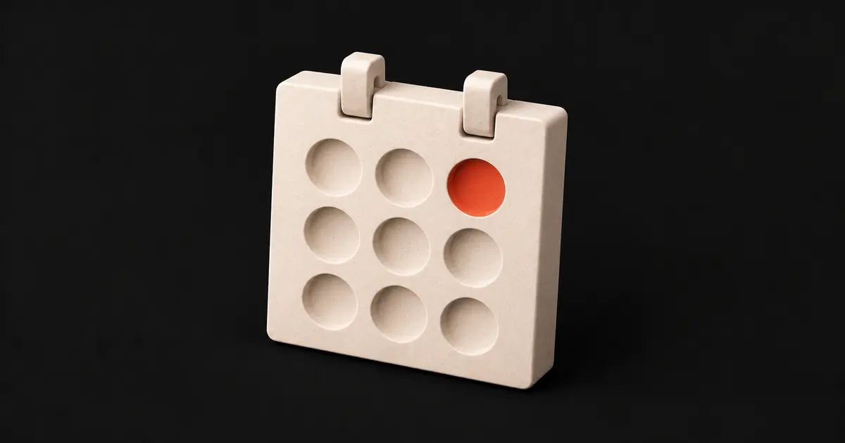 A sculptural cream calendar with one coral circular recess.